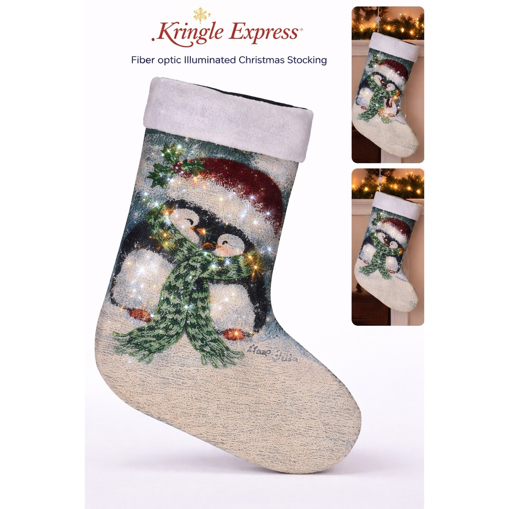 Kringle Express Fiber‎ Optic Illuminated Christmas Stocking Penguin Tapestry NWT